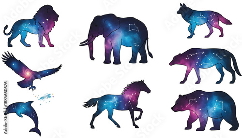 Set of watercolor paint splashes vector featuring a black collection of wild animal silhouettes like the elephant, horse, and tiger for nature wildlife illustration design