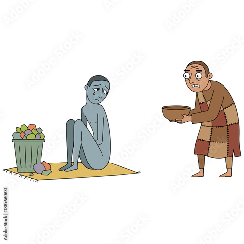 A man offering food to a sad, emaciated person sitting by a trash can, depicting poverty and compassion.