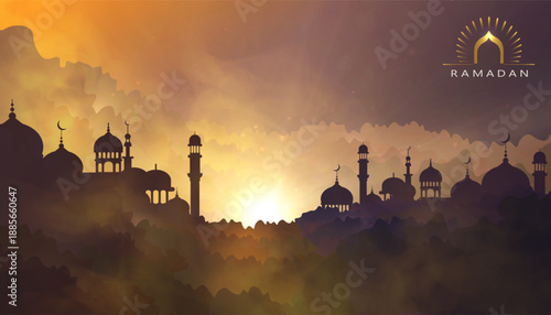 Ramadan Kareem vector illustration of mosque skyline silhouettes at golden sunset with crescent moons, soft haze and clouds. Islamic greeting banner with copy space.