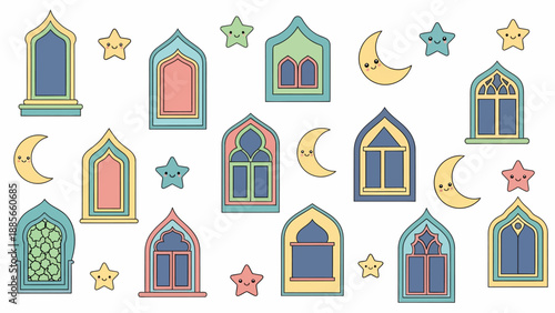 Colorful Windows and Celestial Bodies Illustration.