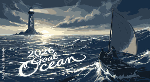 Sailboat Sailing on Ocean with Lighthouse.