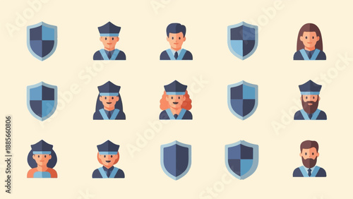 Diverse figures in academic robes and shield icons against a plain background
