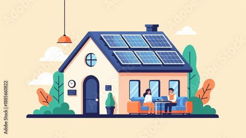 Eco-friendly house with solar panels and people working indoors