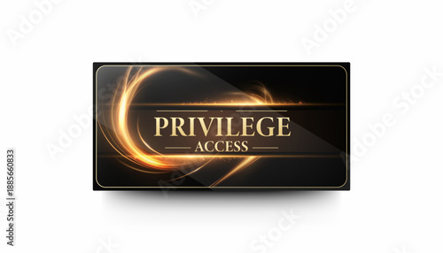Luxury privilege access card design with gold frame and glowing light swirl on black background. Premium VIP membership pass template for events, clubs, services, in clean vector style.
