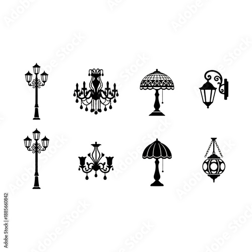 Collection of various vintage and antique lighting fixtures silhouettes.