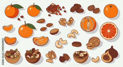 Assorted Fresh Fruits and Nuts Display.