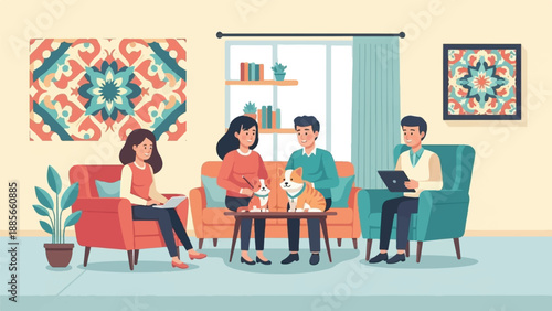 Diverse family relaxing indoors with two dogs and a tablet