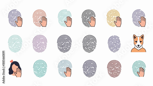 Diverse icons including fingerprints, hands, a person, and a dog
