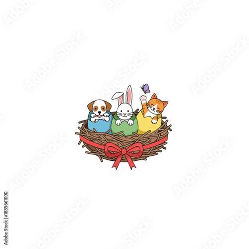Cute Easter Animals in a Nest with a Red Bow.