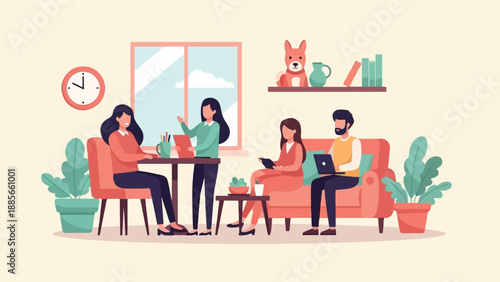 Diverse team collaborates in a cozy, modern office space with a dog