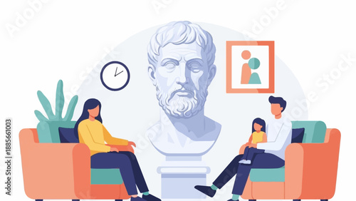 Family and therapist in session with ancient bust and art