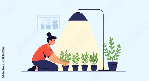 Woman Tending Potted Plants Under Lamp.