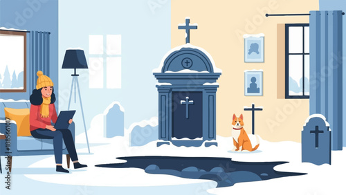 Cozy winter indoors with a dog, a laptop, and a snowy graveyard backdrop