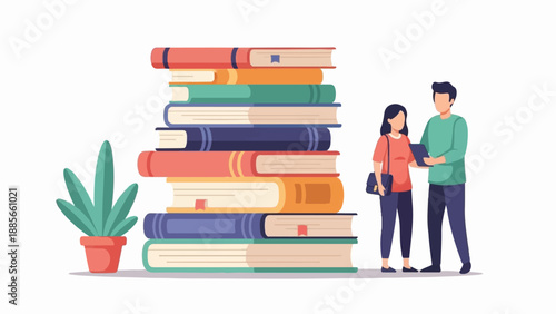 Diverse individuals collaborate near a stack of books and a potted plant