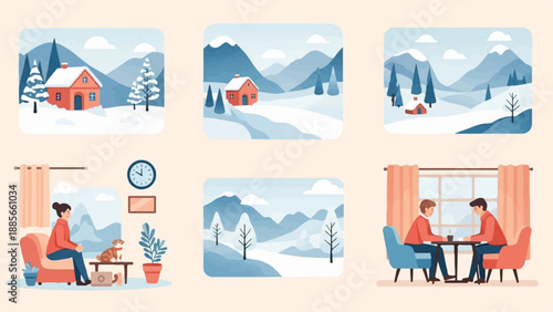 Cozy winter scenes, from serene snowy landscapes to warm indoor moments