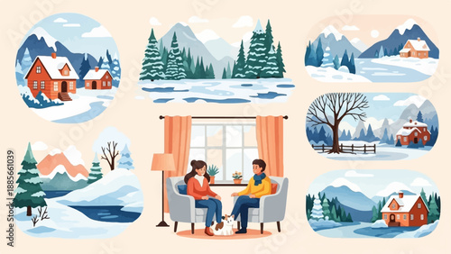 Cozy winter scenes couples indoors, cabins in snow-covered landscapes