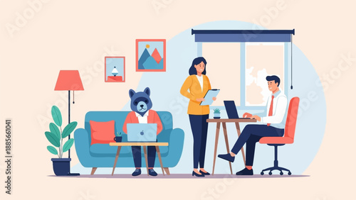 Diverse team collaborates in a modern home office setting with a raccoon colleague