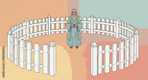 Woman Standing Inside White Picket Fence Circle.