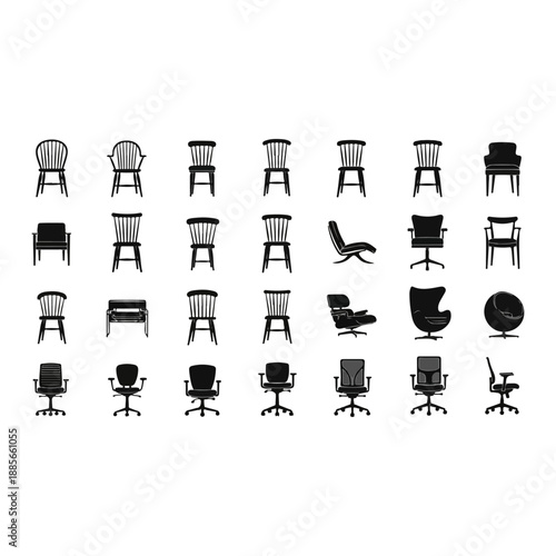 Collection of Diverse Chair Silhouettes in a Grid Layout.