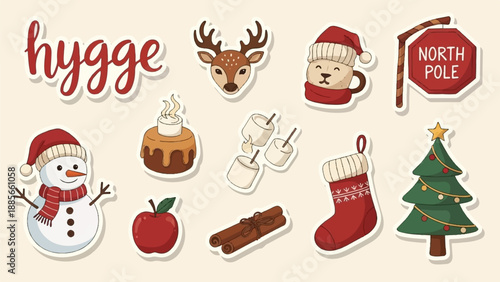 Cozy winter icons snowman, deer, mug, North Pole sign, cake, marshmallows, apple