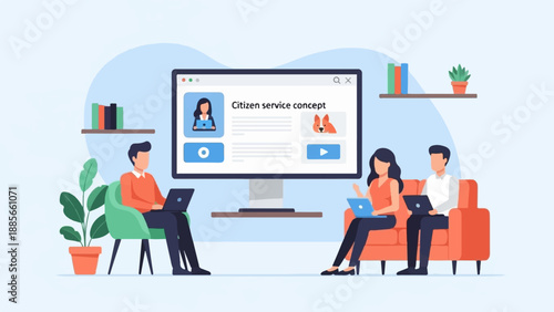 Diverse individuals collaborate on a digital platform for citizen services