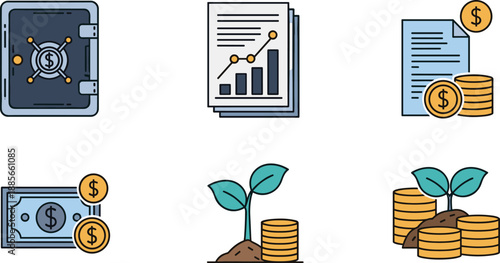 Finance and investment icons showing savings, secure money storage, profit growth, financial reports and wealth management concepts