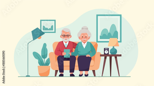 Elderly couple relaxing on a sofa with framed art and lamp in a living room