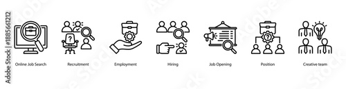 Hiring and Recruitment web banner icon vector illustration featuring Online Job Search, Recruitment, Employment, Hiring, Job Opening, Position, and Creative Team.