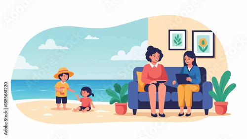 Diverse family enjoying leisure at home and beach, connected digitally
