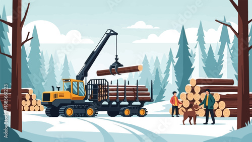 Crane loads logs onto truck in snowy forest with people and dog