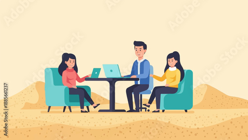 Diverse team collaborates on laptops in a desert oasis