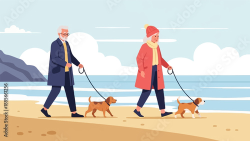 Elderly couple walks two dogs on a sandy beach with the ocean and mountains behind them