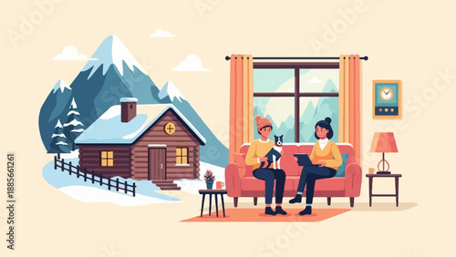 Cozy winter cabin scene with couple indoors and snowy mountains