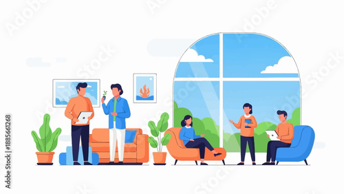 Diverse individuals interact and utilize technology in a bright, modern indoor setting