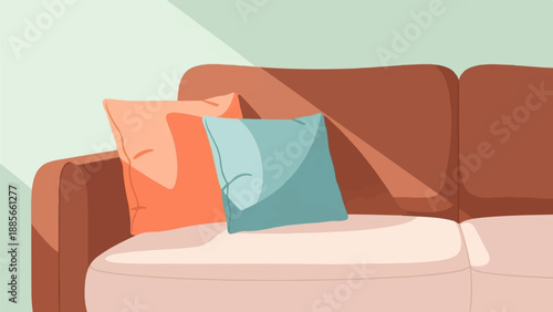 Cozy sofa with accent pillows in a warm, pastel-colored room