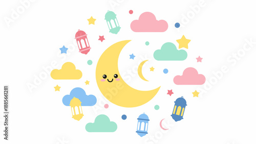 Cute Cartoon Crescent Moon with Clouds and Stars.