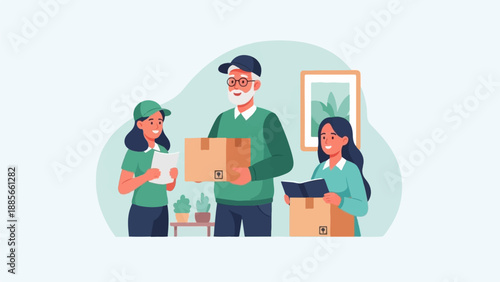 Elderly man and two women interacting with packages and documents indoors