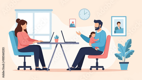 Diverse family balancing work and childcare at home with laptops