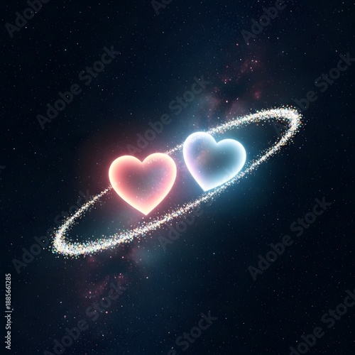 Cosmic Love Hearts – Pink and Blue Glowing Shapes with Orbit Ring on Starry Background for Romantic Sci-Fi Graphics