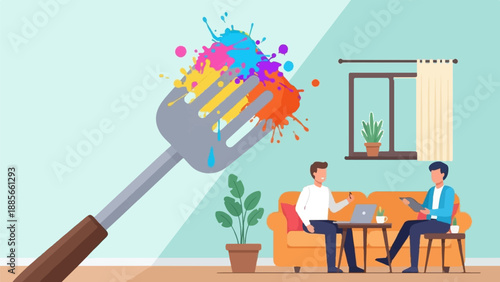 Creative explosion on a fork, two men working in a home office