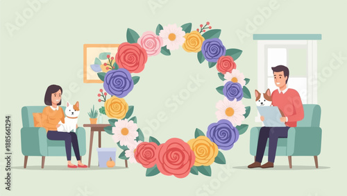 Cozy scene with people, dogs, and floral wreath