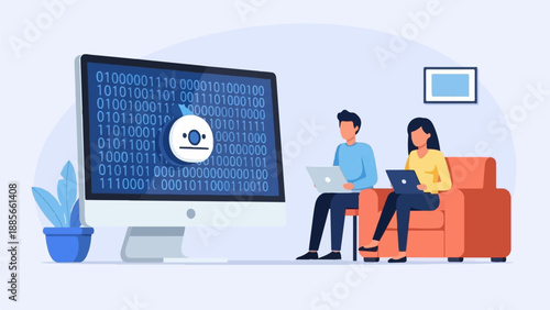 Diverse team collaborating on digital projects, surrounded by technology and plant decor