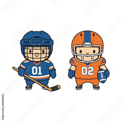 Cute cartoon characters dressed as hockey and football players.