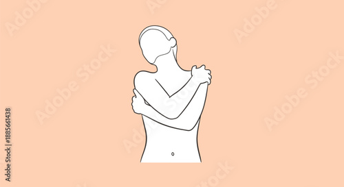 Minimalist Line Drawing of Female Figure Hugging Herself.