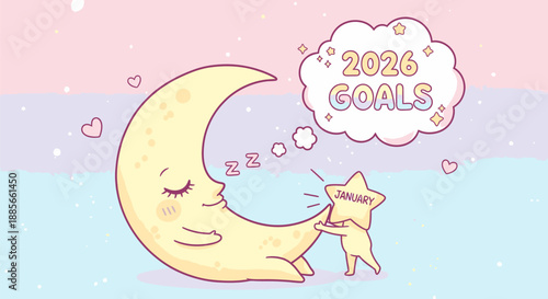 Crescent Moon Reaching for Star with New Year Goals.