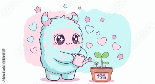 Cute Cartoon Creature Watering Small Green Plant.