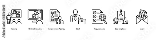 Workplace Training and Rewards web banner icon vector illustration featuring Training, Online Interview, Employment Agency, Staff, Requirements, Best Employee, and Salary.