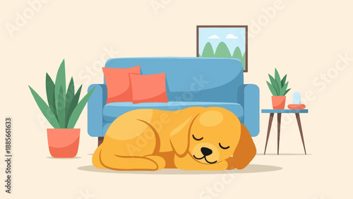 Cozy scene with a sleeping golden dog by a blue sofa and plants