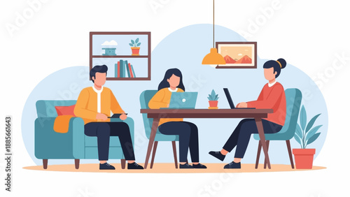 Diverse team collaborating on laptops in a cozy, modern workspace