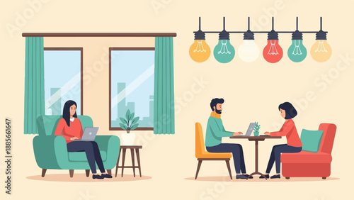 Diverse individuals work on laptops in a cozy interior with city views